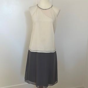 Beaded Neckline Beige & Grey Flow Dress